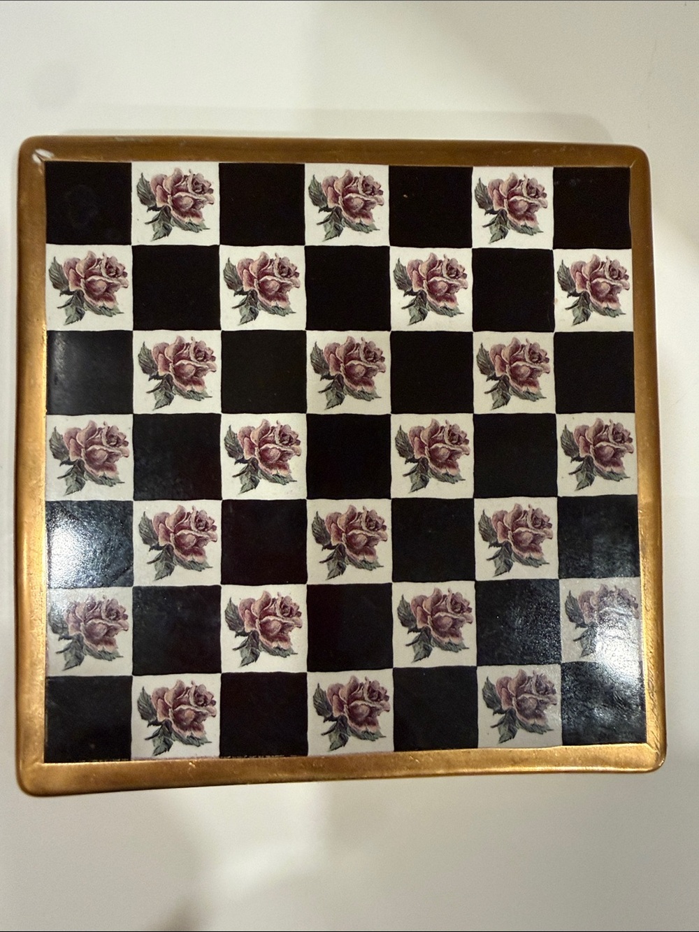 MacKenzie-Childs Black, White & Gold Floral Checkered trivet